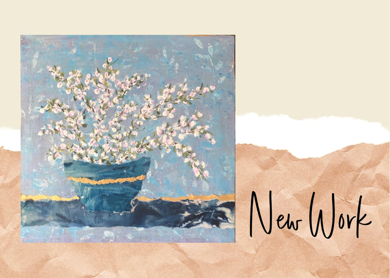 New Work shows a blue painting with white flowers and links to samples of Charmaine's recent artwork.